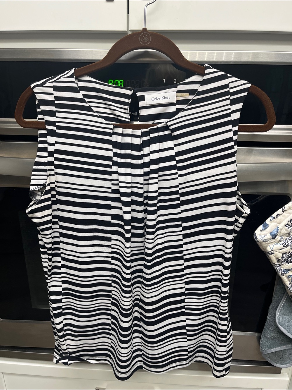 Calvin Klein Black & White Striped Pleated Neck Camisole